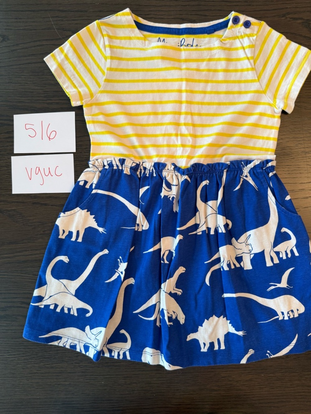 Mini Boden 5/6 Yellow Stripe & Blue Dinosaur Skirt Dress